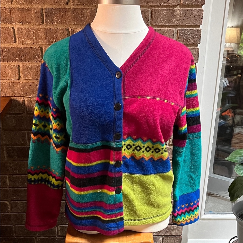 Susan Bristol Multicolor Patchwork Fleece Cardigan Large